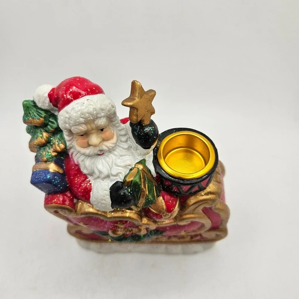 Christmas Santa Sleigh Candle Holder Glitter Ceramic Holiday Decor